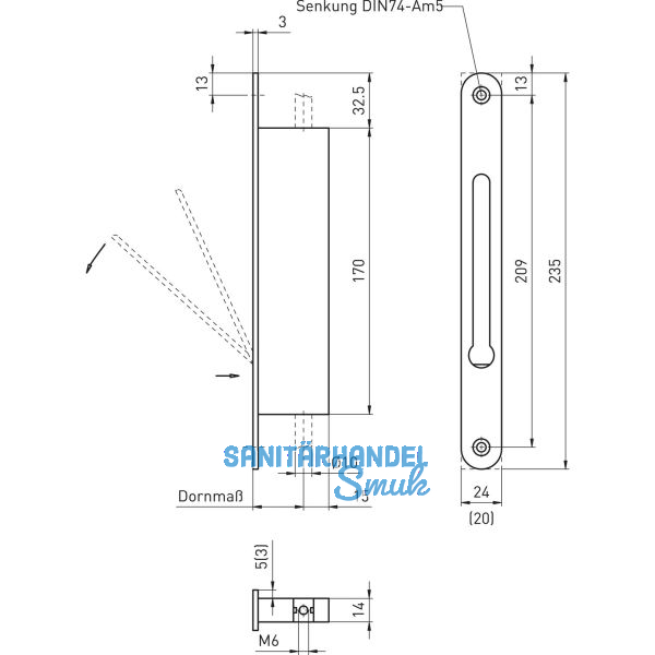 BMH Falztreibriegel 1155, DM 30, Stulp 235 x 24 mm, Edelstahl