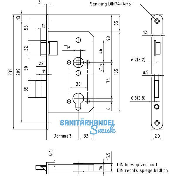BMH Einstemmschloss 1000 Rundzylinder mit Wechsel, links, Stulp 20 mm,Edelstahl