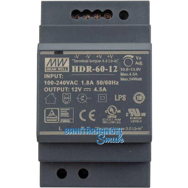 Netzger�t f�r Hutschiene HDR-60-12, 12V DC, 4,5 A, 54W, 52,5 x 90 x 58,4 mm
