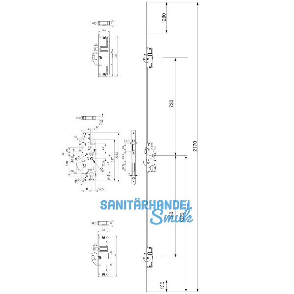 KFV MFV-Schloss BS 3700 DIN, DM 55,Stulp 2170 x 20 x 3 mm, eckig, verz. silber