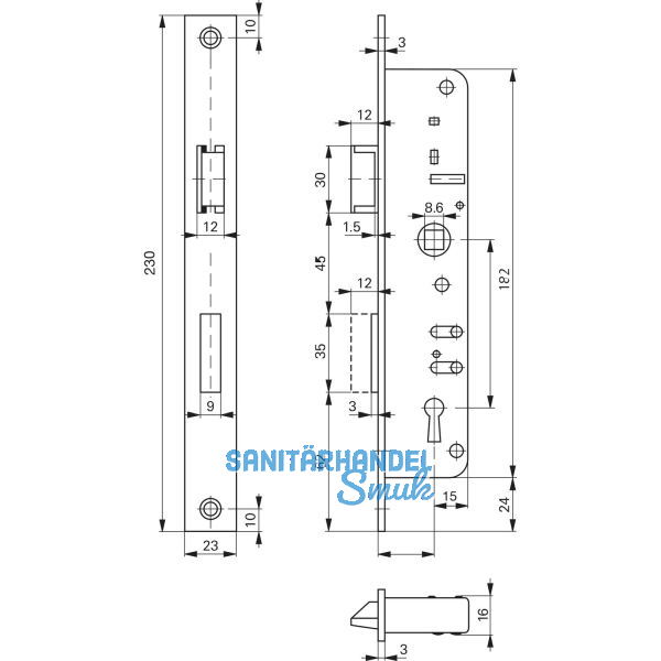 ROTO Rohrrahmenschloss Flachstulp m. Falle u. Riegel 852, DM 35, verzinkt silber