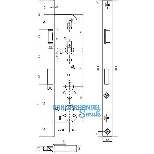 Fluchtt�rschloss 1944PE f�r 2 Profilzylinder 1-flg. DM35, rechts, Stahl verzinkt