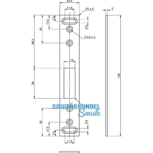 Schlie�blech EA 306 f�r Elektro-Mehrfachverriegelungsschl�sser, 152x24,5x2 mm