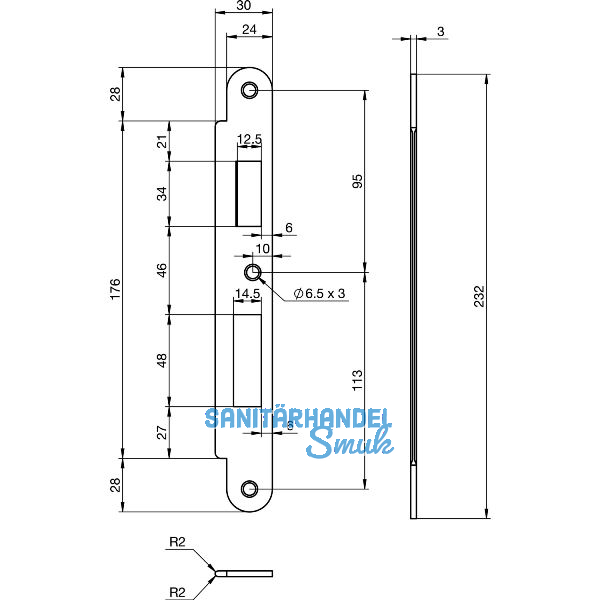 Schlie�blech EA 327 f�r Elektro-Mehrfachverriegelungsschl�sser, 232x30x3 mm