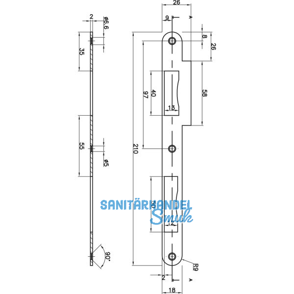 Doppelt�rschlie�blech R9 bombiert mit Sichtschutz, Stahl vernickelt matt