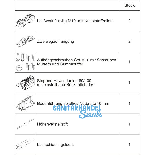HAWA Junior 100/Z Beschlagset Holz Laufschiene L=1800 mm 1 FS Standard silber