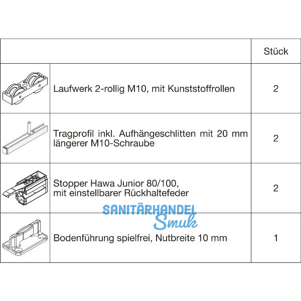 HAWA Junior 100/B Beschlagset Holz 2 Fangstopper Standard Tragschraube +20 mm