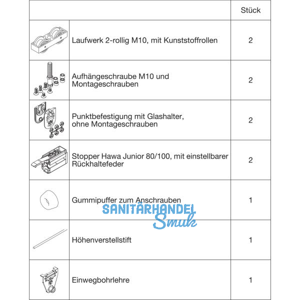 HAWA Junior 80/GP Beschlagset Glas ESG/VSG 8-12 mm ohne Laufschiene