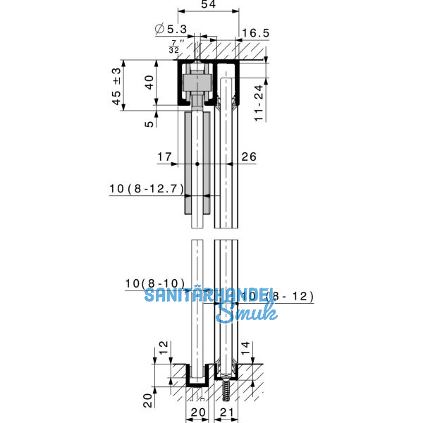 HAWA Junior 80/GP Laufschienenset Festverglasung L=2500 mm Edelstahl-Effekt