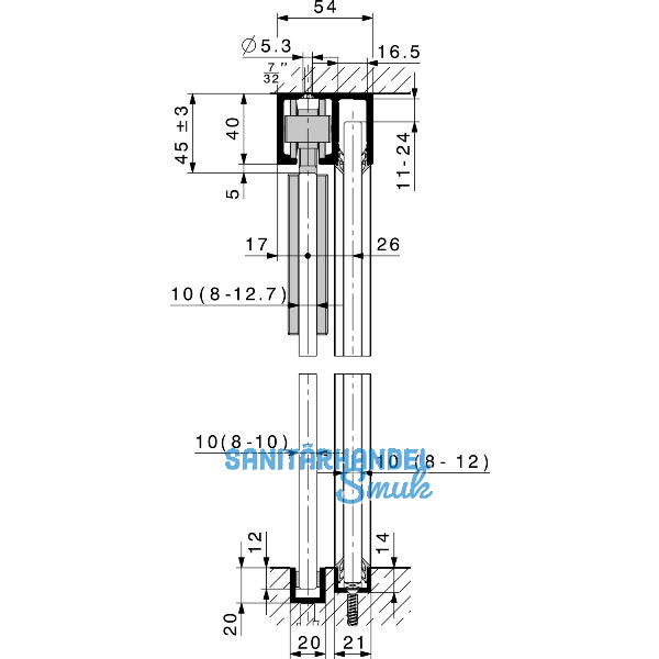 HAWA Junior 80/GP Laufschienenset Festverglasung L=6000 mm Edelstahl-Effekt