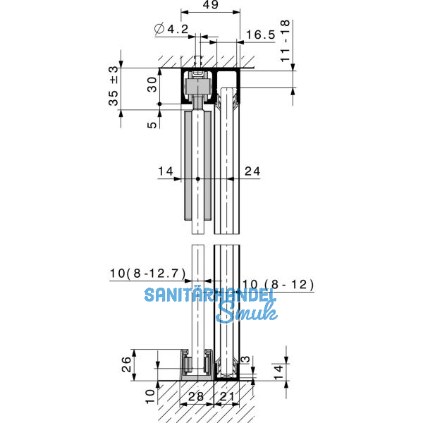HAWA-Junior 40/GP Laufschienenset Festverglasung L=2000 mm Alu silber eloxiert