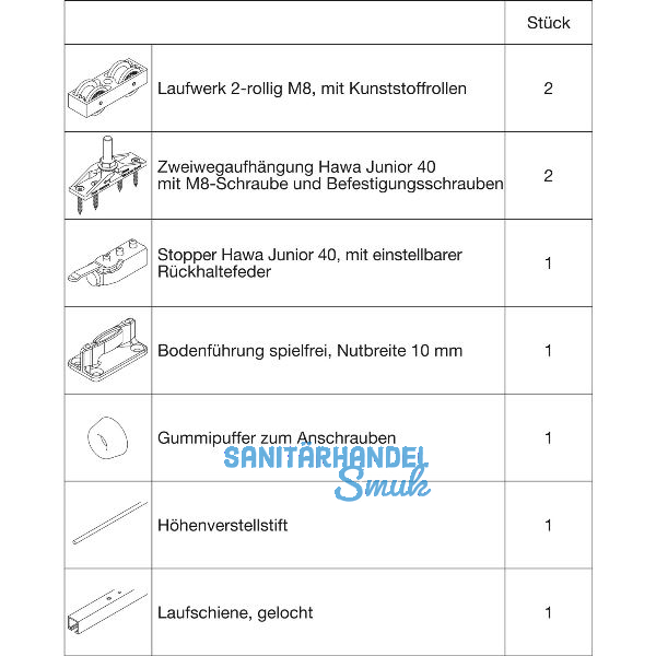 HAWA Junior 40/Z Beschlagset Holz Laufschiene L=2000 mm silber