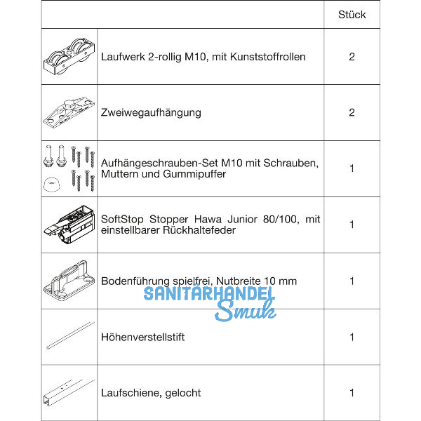 HAWA Junior 100/Z Beschlagset Holz Laufschiene L=2000 mm silber eloxiert