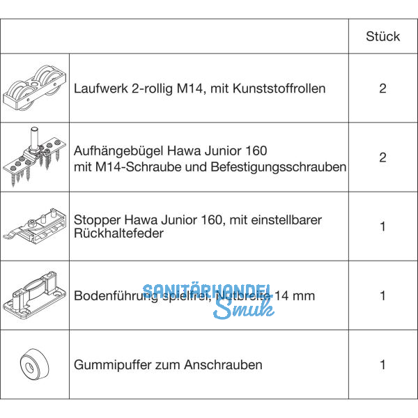 HAWA Junior 160/A Beschlagset Holz ohne Laufschiene