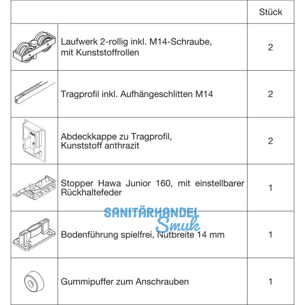 HAWA Junior 160/B Beschlagset Holz ohne Laufschiene