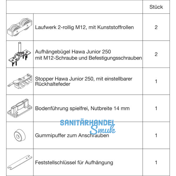 HAWA-Junior 250/A Beschlagset Holz ohne Laufschiene