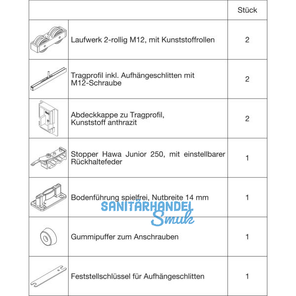 HAWA-Junior 250/B Beschlagset Holz ohne Laufschiene