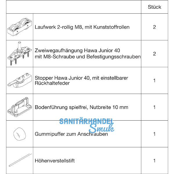 HAWA Junior 40/Z Beschlagset Holz ohne Laufschiene