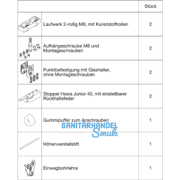 HAWA Junior 40/GP Beschlagset Glas ESG/VSG 8-12 mm ohne Laufschiene