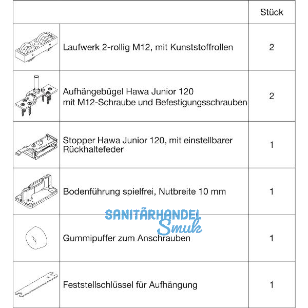 HAWA Junior 120/A Beschlagset Holz ohne Laufschiene