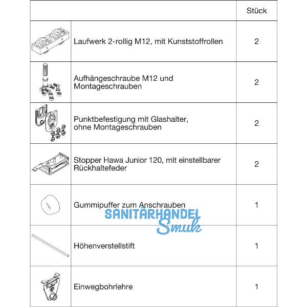 HAWA Junior 120/GP Beschlagset Glas ESG/VSG 8-12 mm ohne Laufschiene