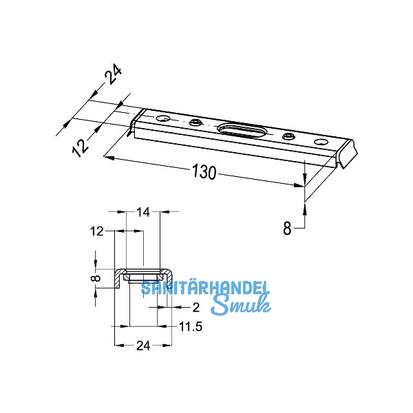 Schlie�blech f�r T�rkantriegel oben, 130 x 24 x 8 mm,Stahl verzinkt silberf�rbig