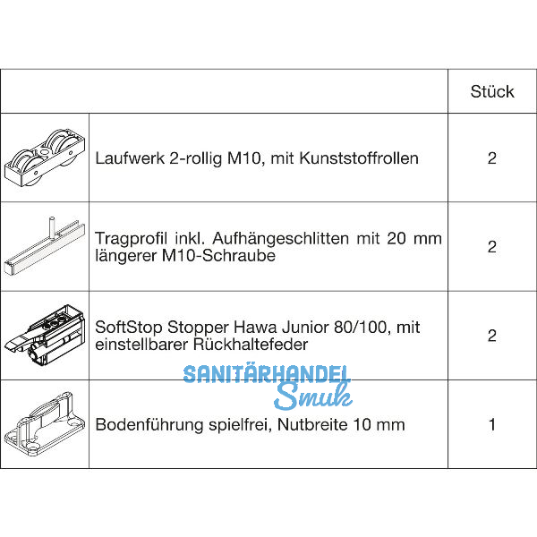 HAWA Junior 100/B Beschlagset Holz SoftStop Tragschraube 20 mm l�nger (30230)