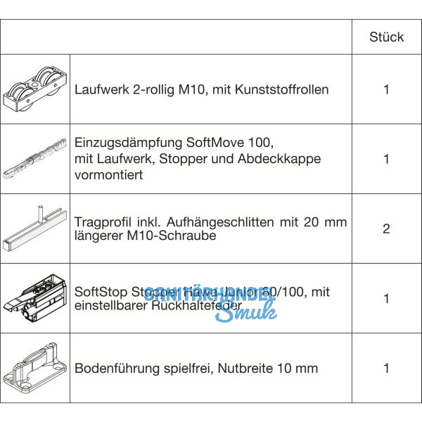 HAWA Junior 100/B Beschlagset Holz SoftStop SoftStop/SoftMove +20 mm (30232)