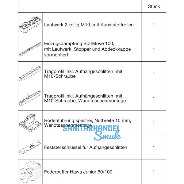 HAWA Junior 100/B-Pocket Beschlagset Holz SoftMove/Federpuffer (30254)