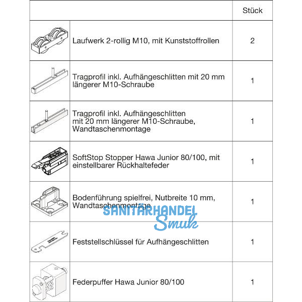 HAWA Junior 100/B-Pocket Beschlagset Holz SoftStop Federpuffer +20 mm (30261)
