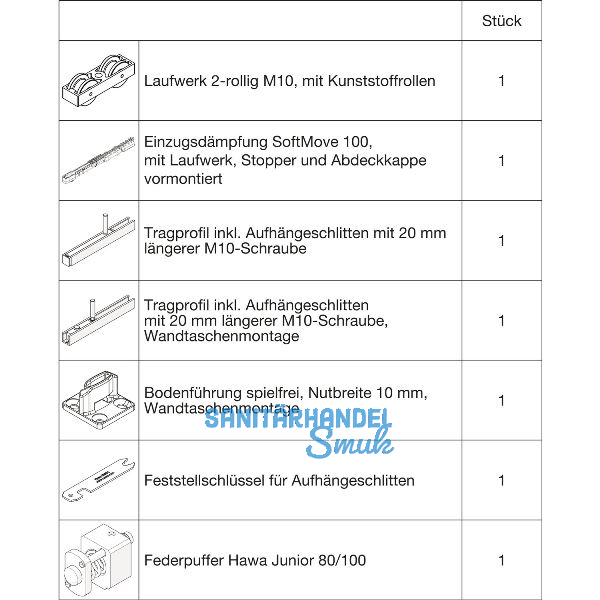 HAWA Junior 100/B-Pocket Beschlagset Holz SoftMove Federpuffer +20 mm (30265)