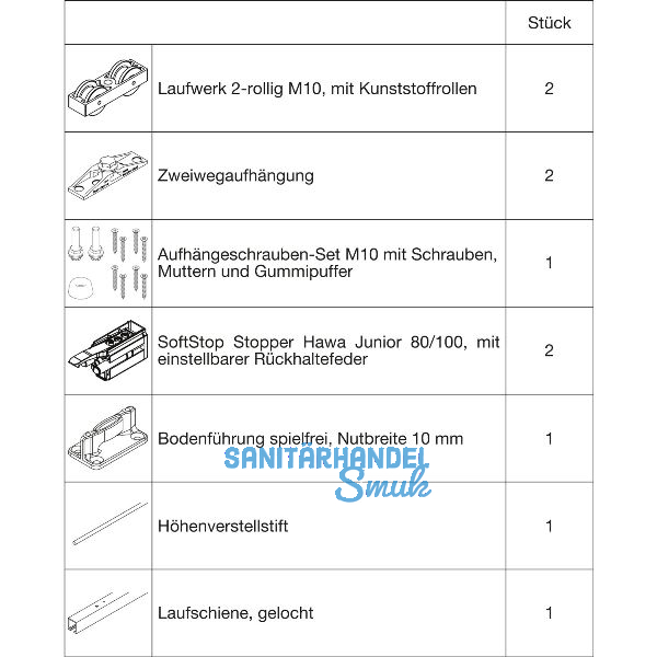 HAWA Junior 100/Z Beschlagset Holz SoftStop Laufschiene L=2200 mm silber