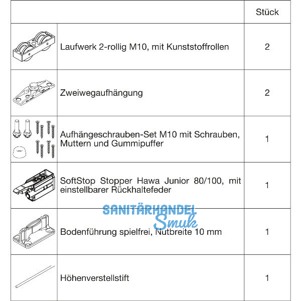 HAWA Junior 100/Z Beschlagset Holz ohne Laufschiene