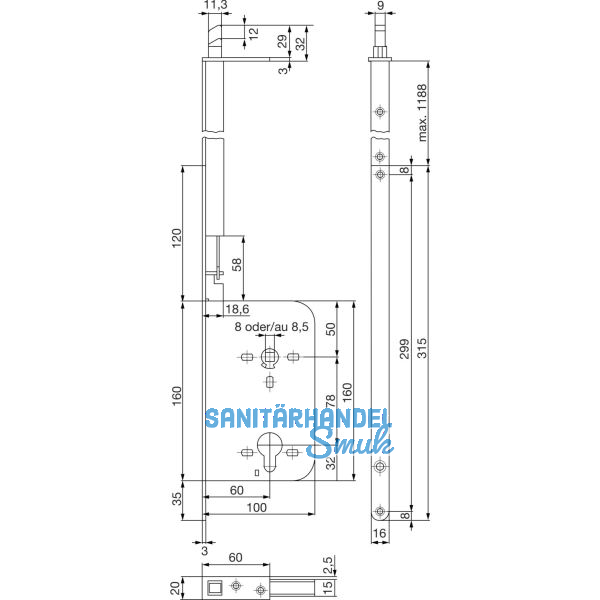 Schiebet�r Stangenschloss Silent Stop, PZW, DM 60, Stulp 315 x 16 mm, verzinkt