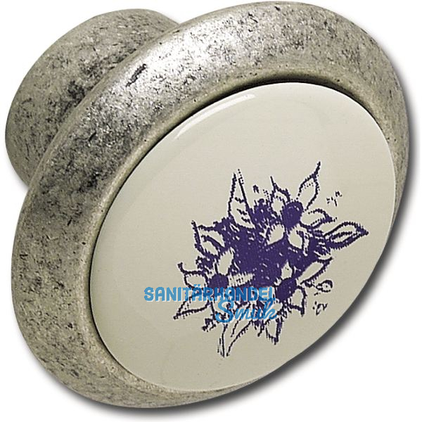 Knopf Tampa � 40 mm, Tiefe 26 mm, ZN/Kunststoff, altsilber/Blume blau