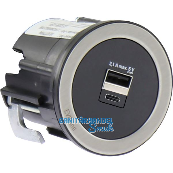 EVOline One 2fach USB Charger A+C mit Abdeckring schwarz/Edelstahl