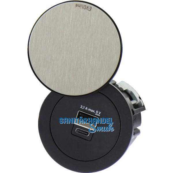 EVOline One 2fach USB Charger A+C mit Drehdeckel schwarz/Edelstahl