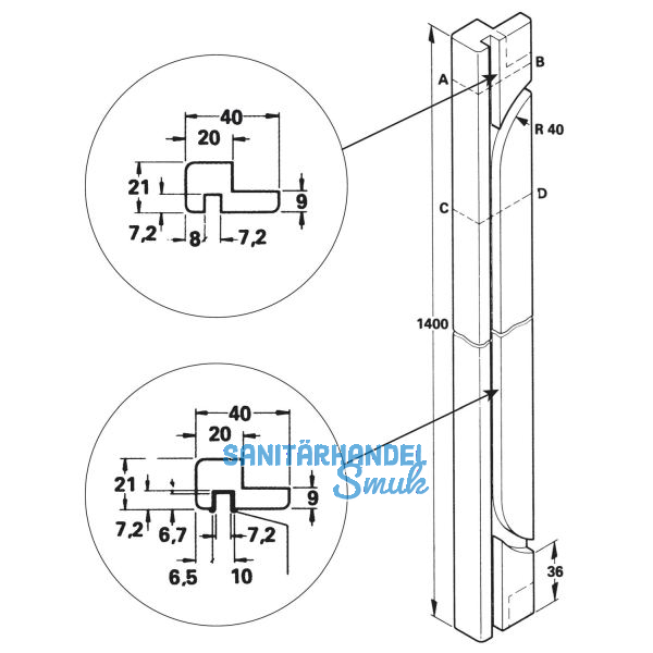 Standard F�hrungsleiste zum Anschrauben, L�nge 1400 mm, Euro Eiche roh