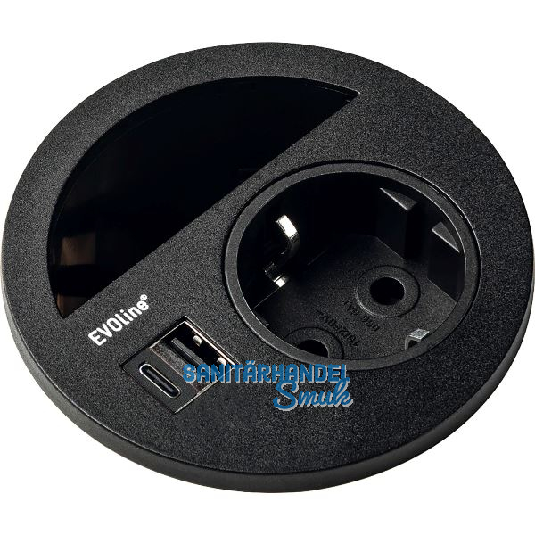 EVOline Circle80 Steckdose mit Kabeldurchgang und USB-A+C-Doppelcharger, schwarz