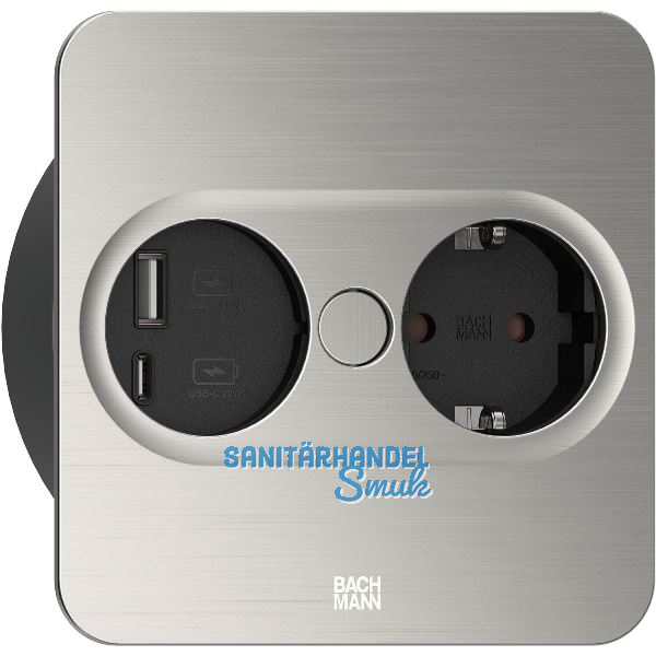 BACHMANN Einbausteckdose TWIST 2 eckig, Schukosteckdose, USB, Edelstahl Effekt