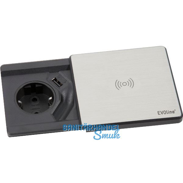 EVOline Square 80 Schuko mit USB-Charger + QI-Charger, Edelstahl