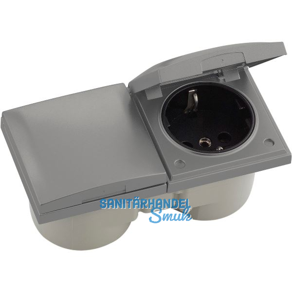 BERKER Integro Flow Doppelsteckdose, Deckel Edelstahl Effekt,Steckdose schwarz