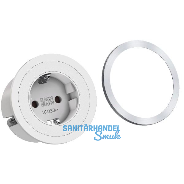BACHMANN Steckdose PIX 1xSchuko wei� + Zierring Edelstahl Effekt und wei�