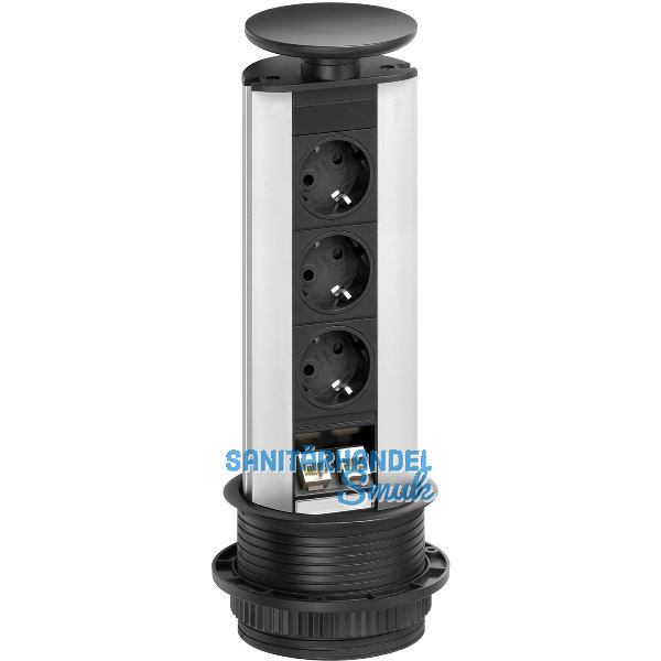 EVOline Port Steckdosenleiste Alu 3x Schuko 2x RJ45 Wippdeckel schwarz