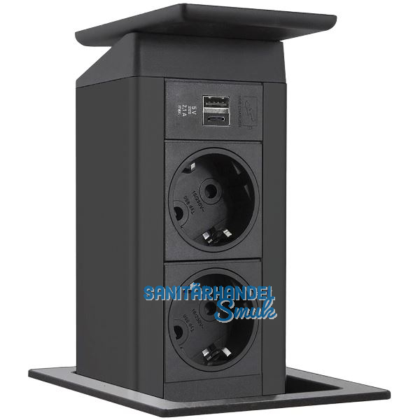 EVOline Port Push schwarz 2x Schuko + USB-A + USB-C Charger Wippdeckel Edelstahl