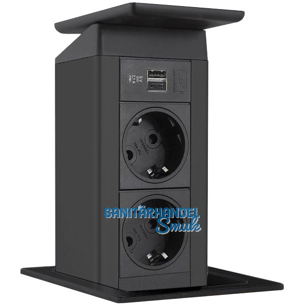 EVOline Port Push schwarz 2x Schuko + USB-A + USB-C Charger Wippdeckel schwarz