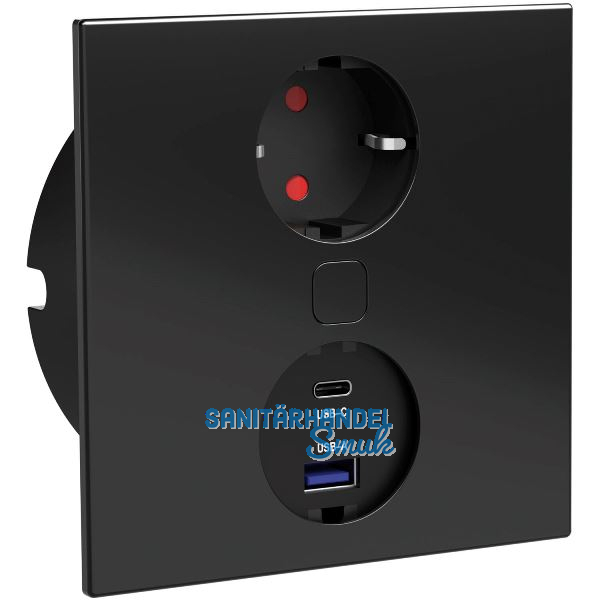 HPF Einbausteckdose Duplex-Q, 1 Stk. Schukosteckdose, + USB-Charger, schwarz