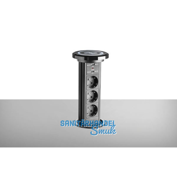 EKOTECH Steckdose ET-111-E 3xSchuko, USB A+C-Charger, QI-Charger, schwarz