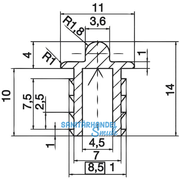 ALUMIS GST Innenfront Einfachlaufschiene unten, 11 x 8,5 mm, Aluminium eloxiert