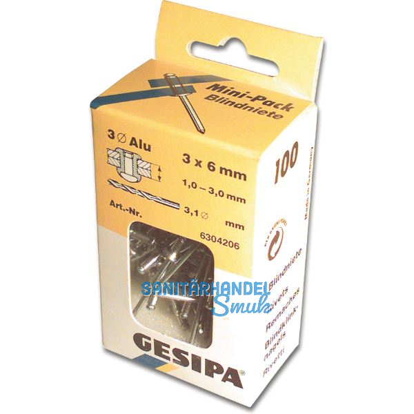 ISO15977 GESIPA Blindniete Mini-Pack 3.0X 8 Aluminium/Stahldorn Flachkopf